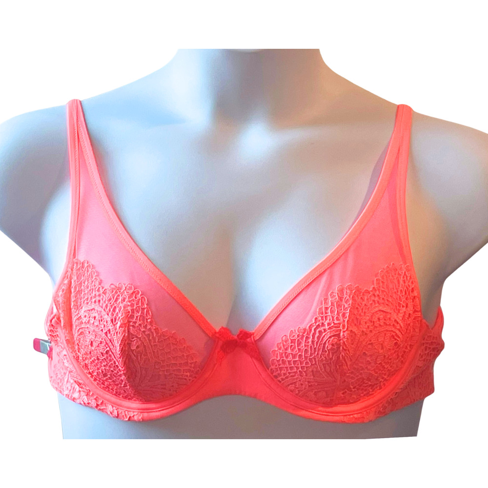 Victoria's Secret Body by Victoria Sz 34C Unlined Demi Lace & Mesh Coral Orange